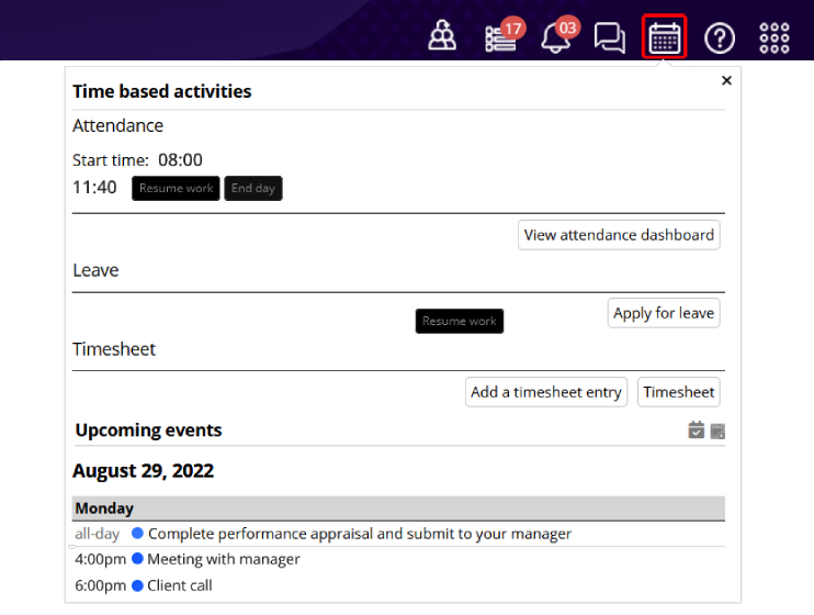 Mark Daily Attendance, Apply for Leave, Fill Timesheet, Setup and View Events & Tasks Mark Daily Attendance, Apply for Leave, Fill Timesheet, Setup and View Events & Tasks